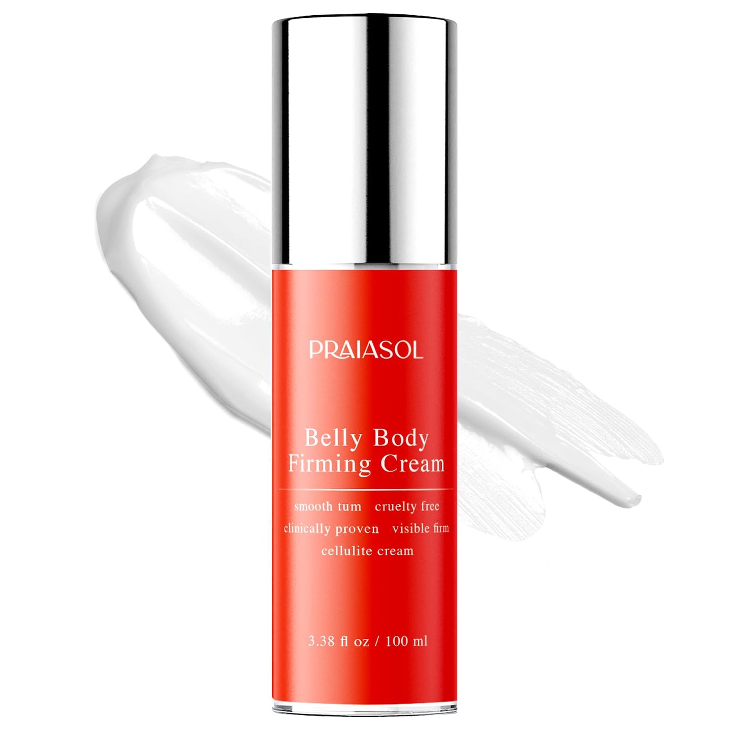 Red belly body firming cream bottle with silver cap on a white background