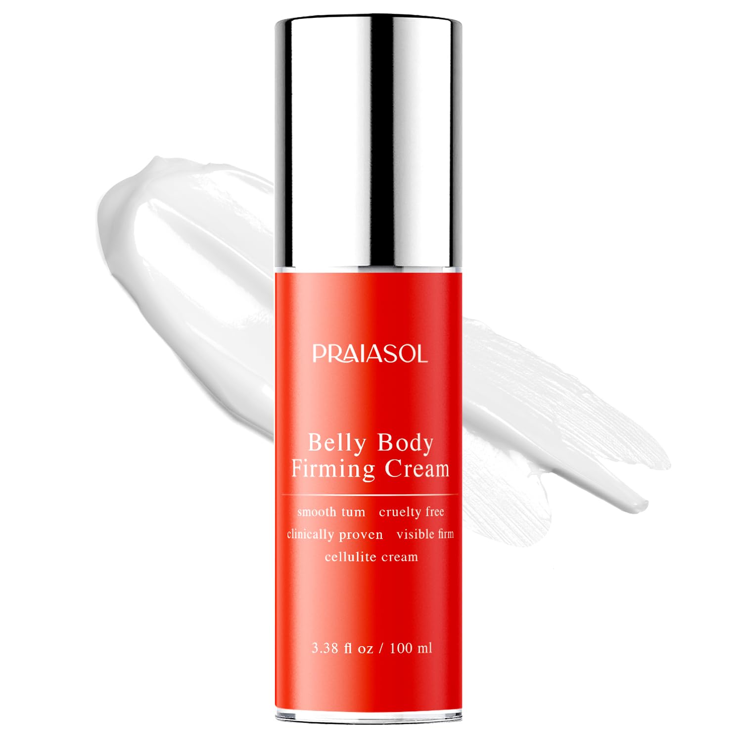 Red belly body firming cream bottle with silver cap on a white background