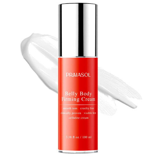 Red belly body firming cream bottle with silver cap on a white background