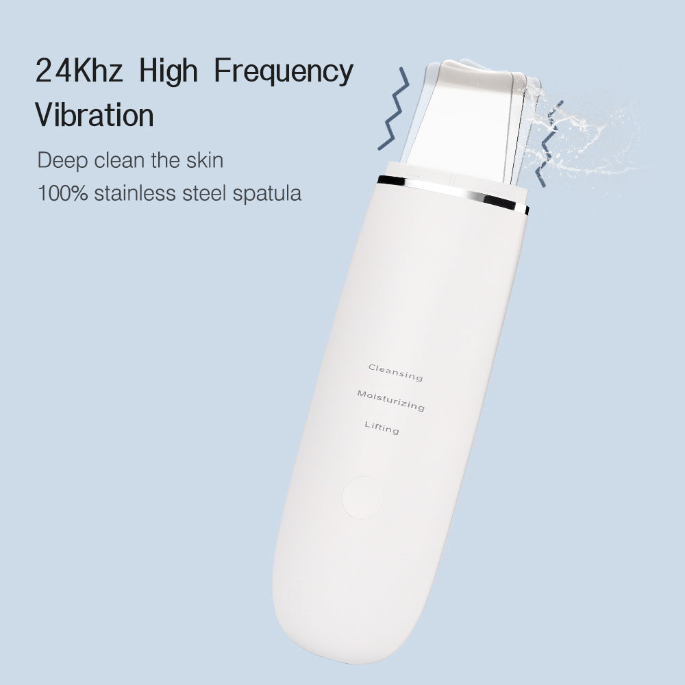 White skin care device with text on a light blue background