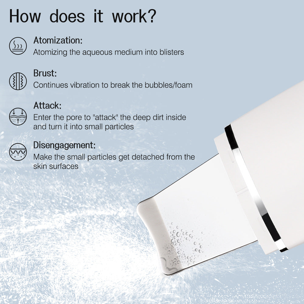 Explanation of a skincare device's working mechanism with text and close-up of the device.